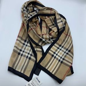 Women’s 100% silk scarf, tan, black plaid, new!